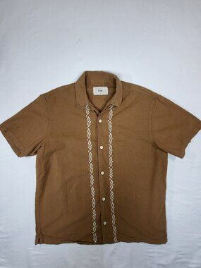 FOLK Men's Brown Linen Blend Geometric Embroidered Short Sleeve Shirt M